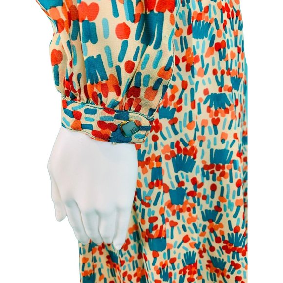 Vintage 1980s Silk Shirtdress Necktie Red Orange Blue Artistic Printed Dress - Picture 6 of 10